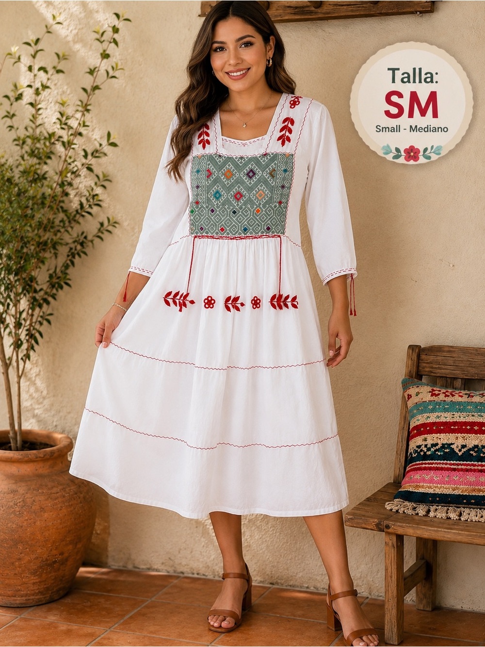 MEXICAN Boho Embroidered White Midi Dress with Green Bodice